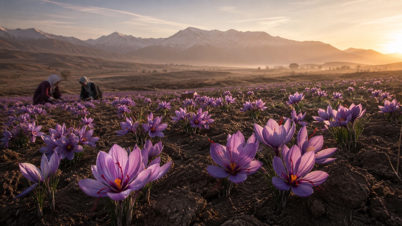 Saffron crocus flowers blooming in the Herat Valley, Afghanistan